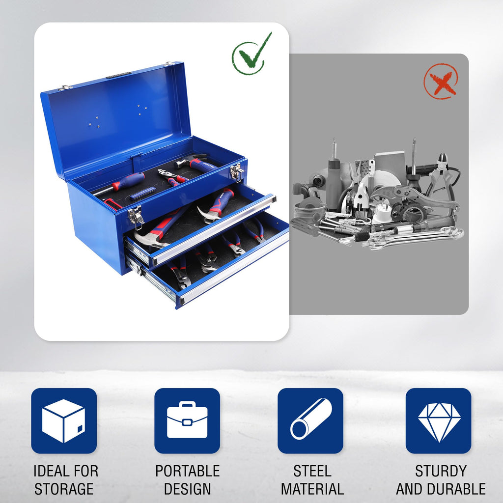 Tool Box with Drawers, 18 Inch with 2 Drawers and 1 Top Storage, Portable Toolbox with Metal Latch and Liner for Garage, Office and Home Storage, 100 LBS Load Capacity (Totally)