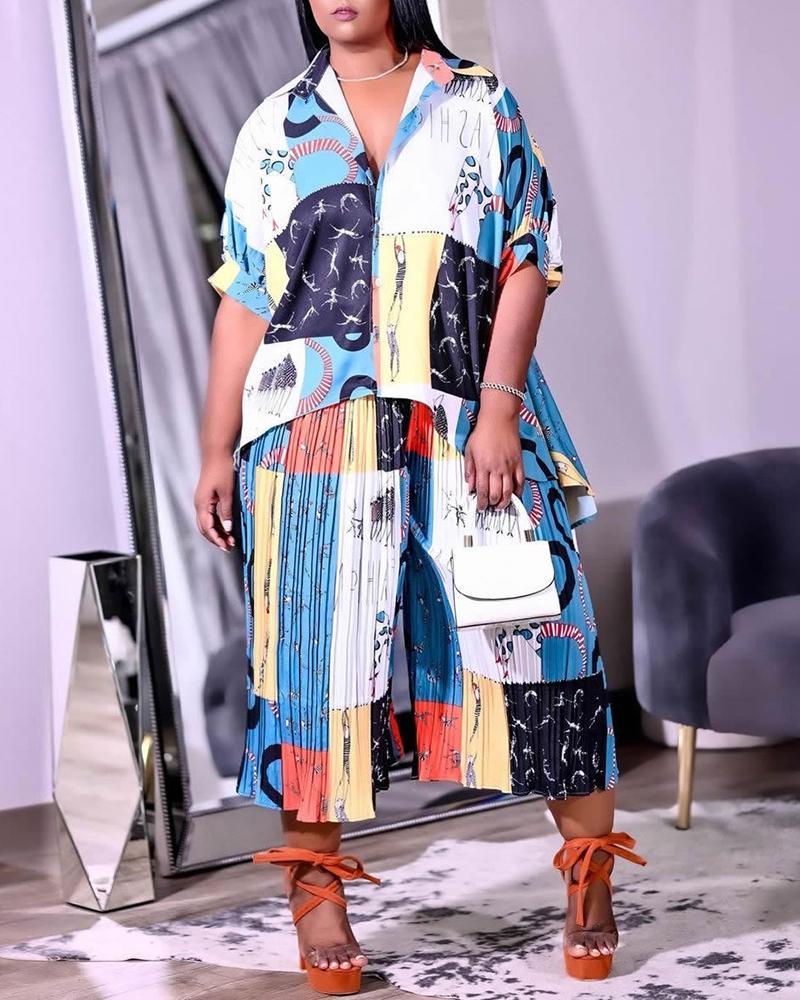 plus size graphic print button design top &amp; ruched pants set