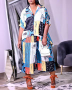 plus size graphic print button design top &amp; ruched pants set