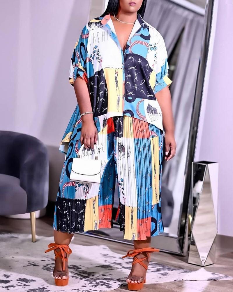 plus size graphic print button design top &amp; ruched pants set