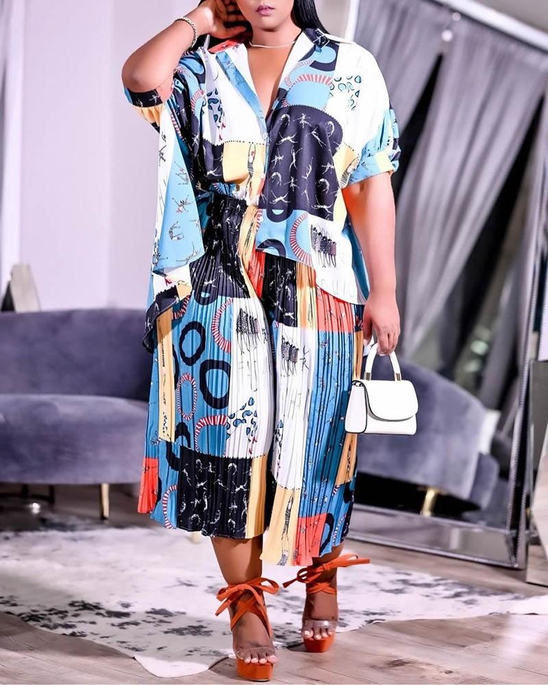plus size graphic print button design top &amp; ruched pants set