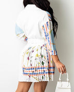 scarf print colorblock pleated buttoned shirt dress
