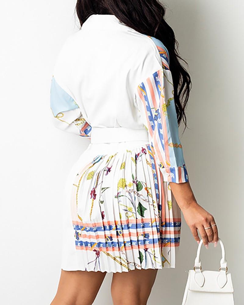 scarf print colorblock pleated buttoned shirt dress
