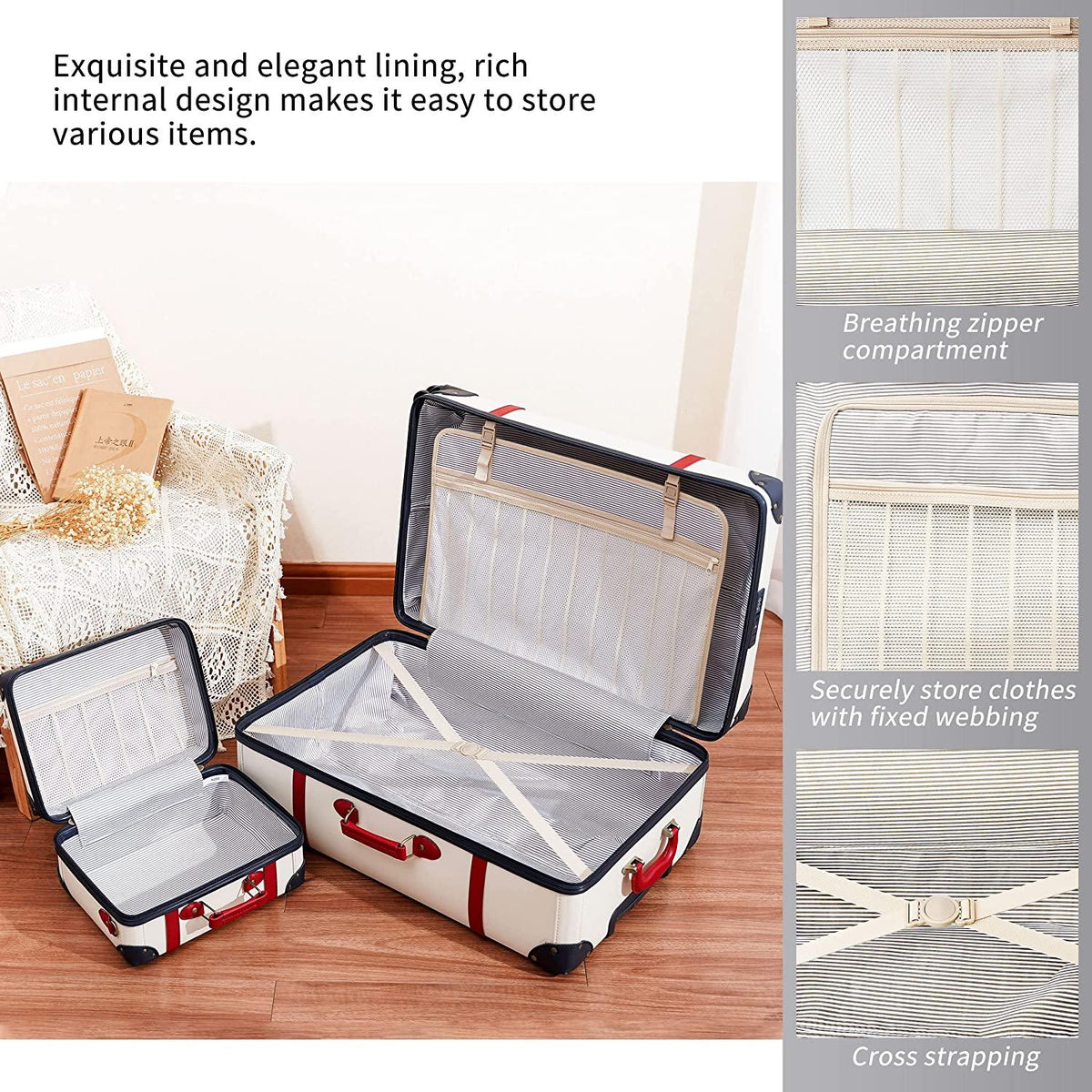 Luggage Sets Carry On Cute Suitcase With Rolling Spinner Wheels TSA Lock Retro Trunk Luggage 3 pieces (Ivory White, 14inch &amp; 20inch &amp; 28inch)