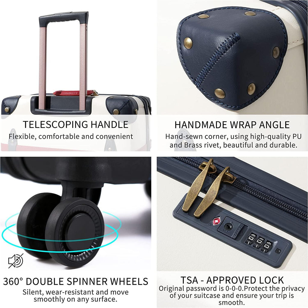 Luggage Sets Carry On Cute Suitcase With Rolling Spinner Wheels TSA Lock Retro Trunk Luggage 3 pieces (Ivory White, 14inch &amp; 20inch &amp; 28inch)