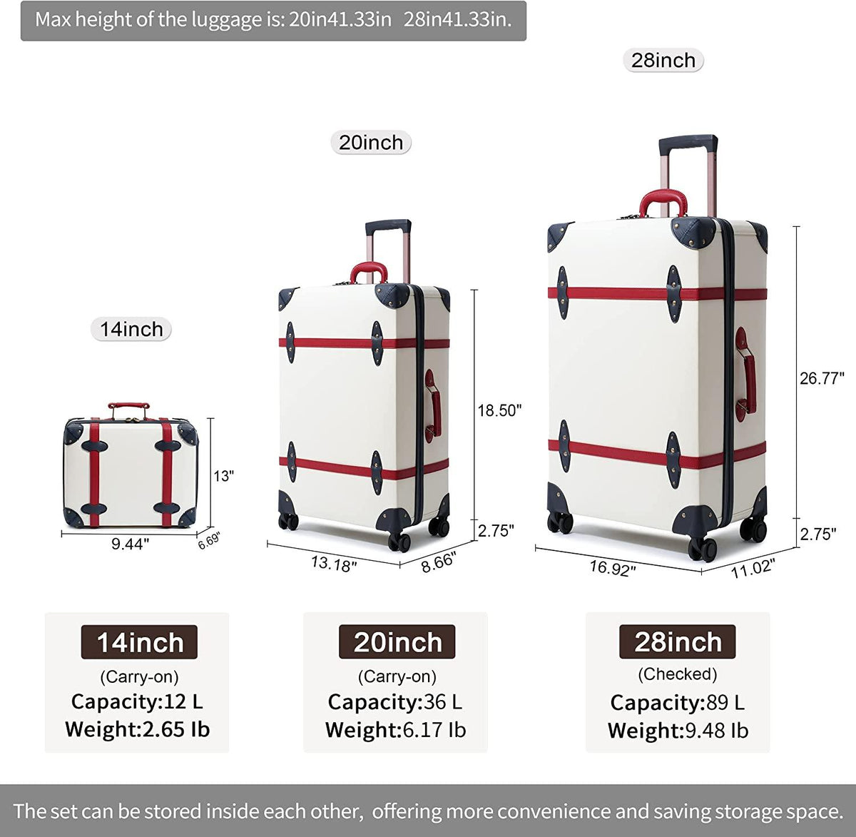 Luggage Sets Carry On Cute Suitcase With Rolling Spinner Wheels TSA Lock Retro Trunk Luggage 3 pieces (Ivory White, 14inch &amp; 20inch &amp; 28inch)