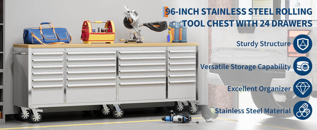 96 inch Tool Chest, Tool Box Mobile 24 Drawers StoraRolling Cabinet with Wheels Lock Key LocSystem Drawer Liners for GaraWarehouse Repair Shop