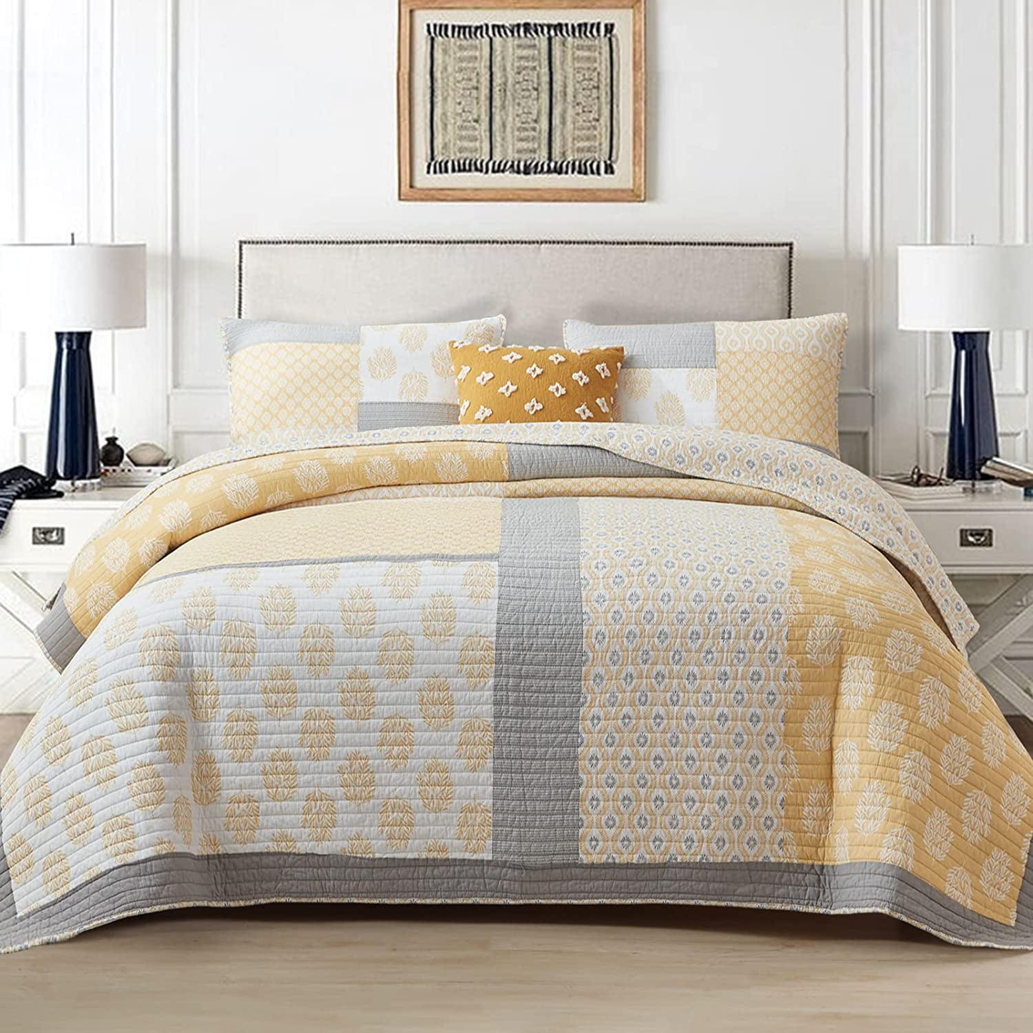 Quilt Queen, Queen Size Cotton Quilt Set, Real-Patchwork Farmhouse Floral Bedspreads for Queen Bed, Yellow Grey White Lightweight Reversible Bed Quilt for All Season, Bedding Set 3 Pieces