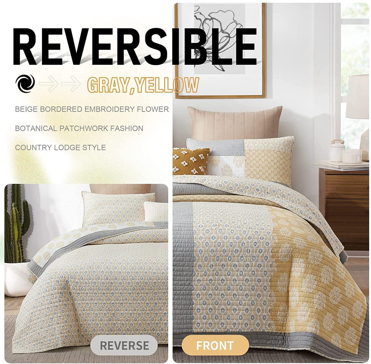 Quilt Queen, Queen Size Cotton Quilt Set, Real-Patchwork Farmhouse Floral Bedspreads for Queen Bed, Yellow Grey White Lightweight Reversible Bed Quilt for All Season, Bedding Set 3 Pieces