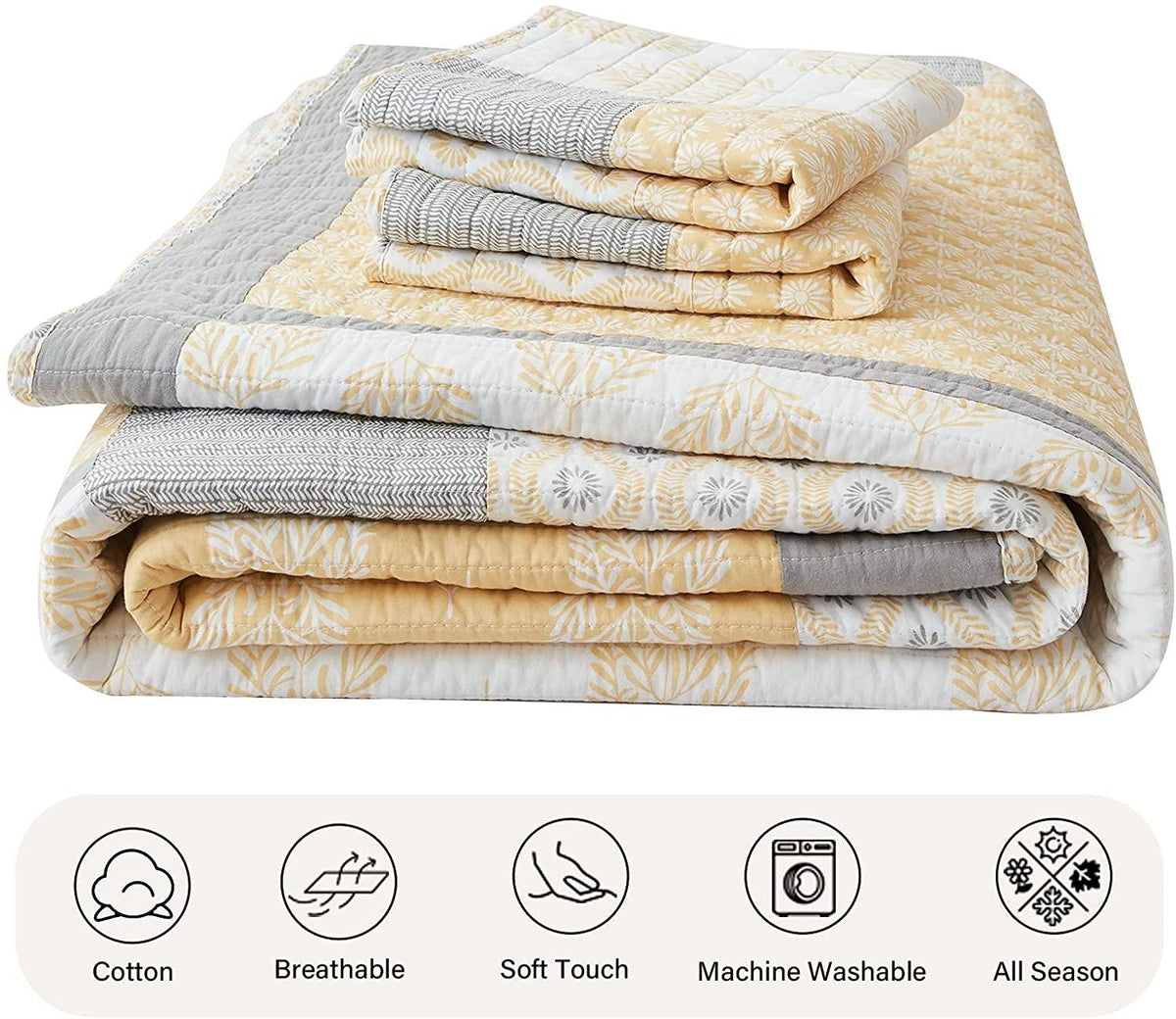Quilt Queen, Queen Size Cotton Quilt Set, Real-Patchwork Farmhouse Floral Bedspreads for Queen Bed, Yellow Grey White Lightweight Reversible Bed Quilt for All Season, Bedding Set 3 Pieces
