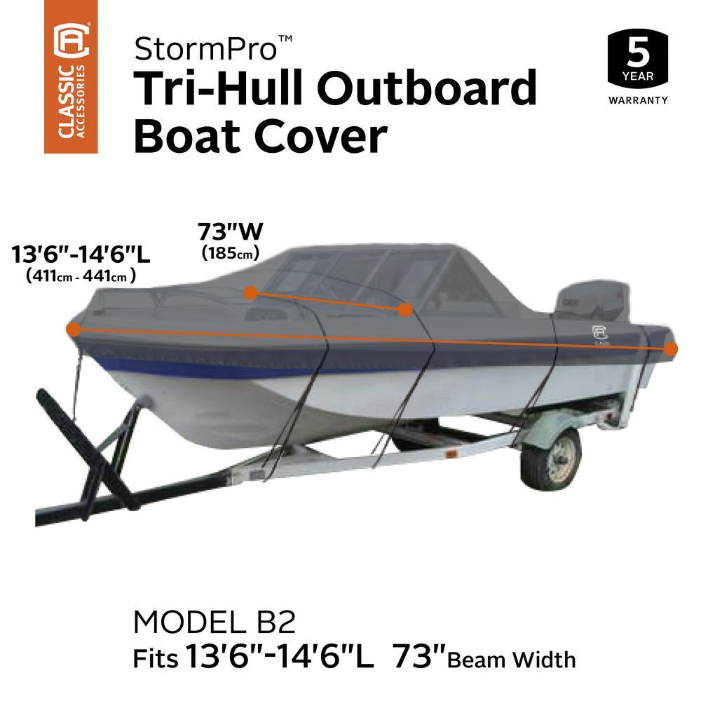 Model B2 13 ft. 6 in. to 14 ft. 6 in. L, Beam Width to 73 in. W StormPro Charcoal Tri-Hull Outboard Boat Cover Fits