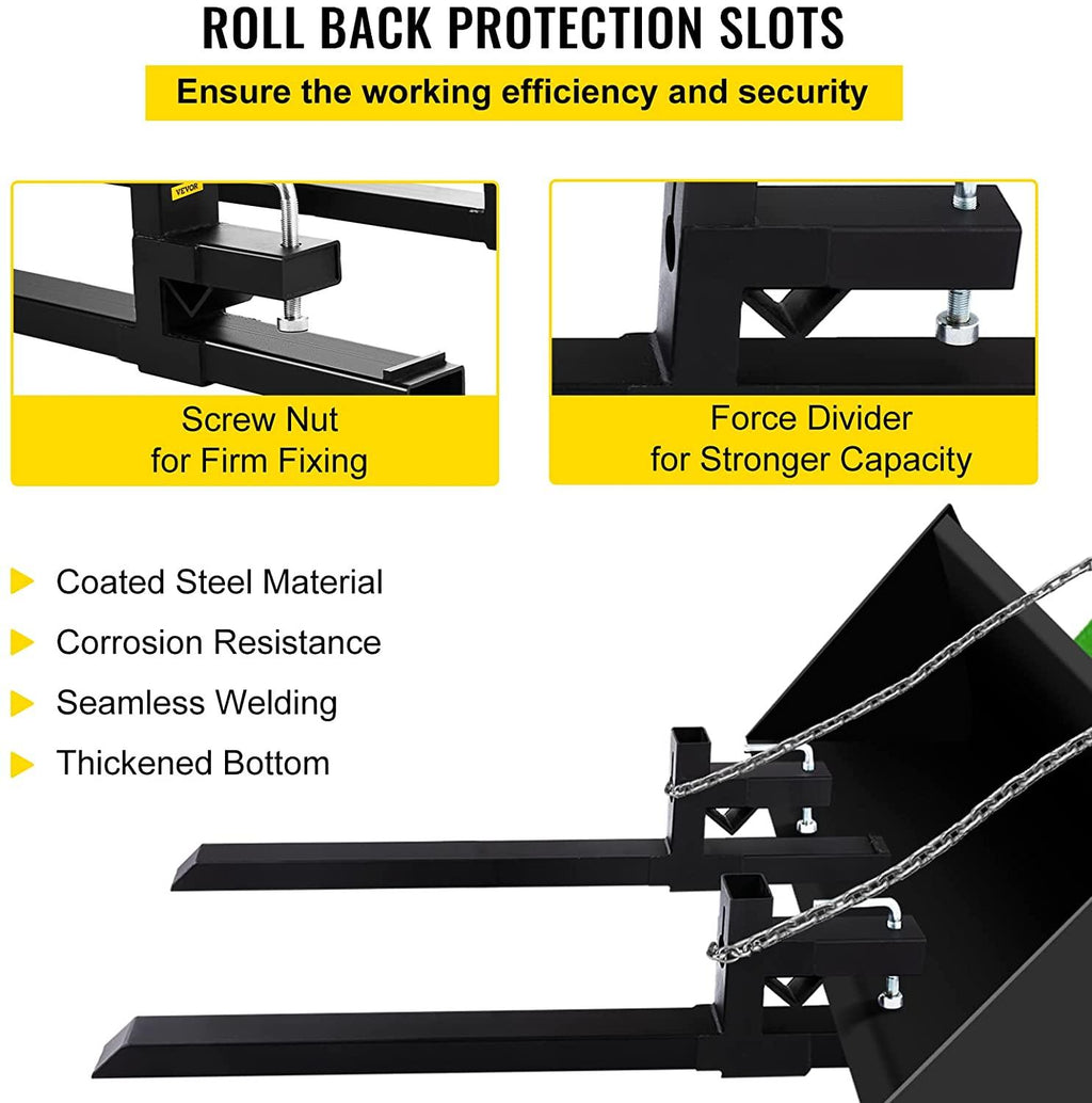 mophorn pallet forks 33.5" 2000 lbs max, clamp on tractor bucket forks 46.9" total length, heavy duty front loader forks, fork attachment for skid steer,loader bucket