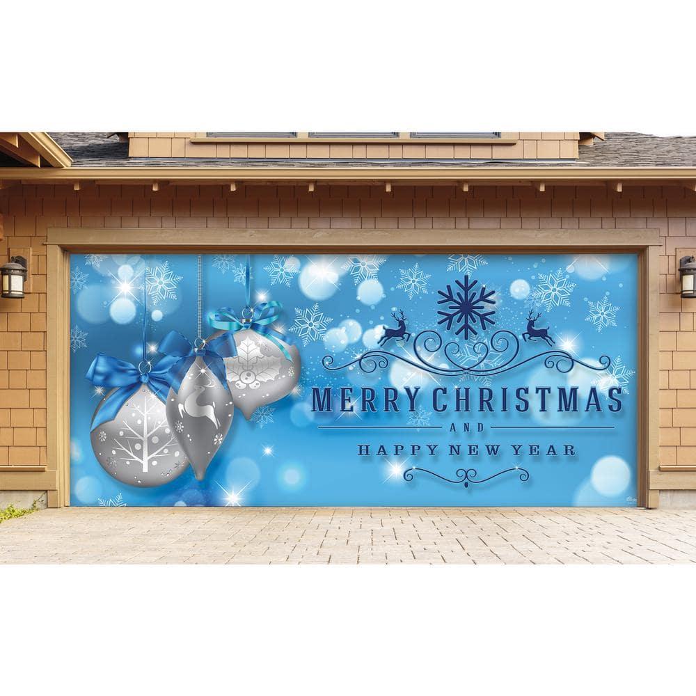 7 ft. x 16 ft. Silver Christmas Ornaments on Blue Christmas Garage Door Decor Mural for Double Car Garage