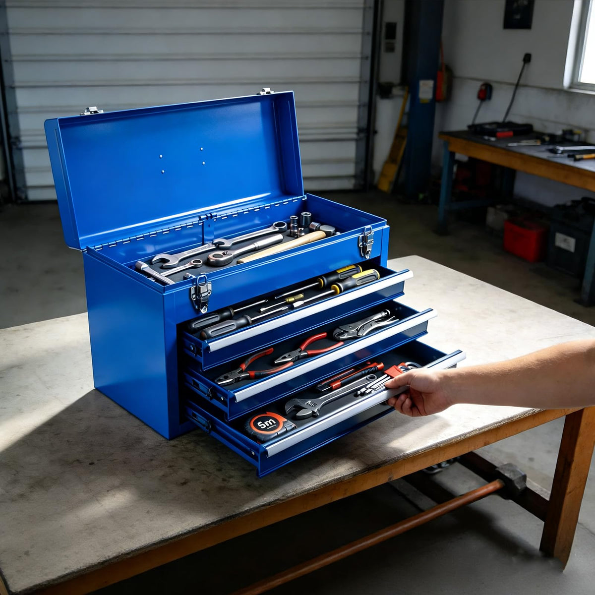 ANTBD133-XU  3 Drawer 20.5" Portable Metal Tool Box: Ball-Bearing Slides and 2 Metal Latches for Secure Closure in Garage, Home or Workbench, Blue
