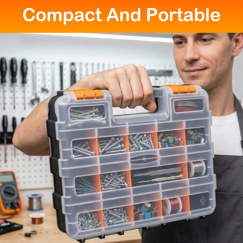 2 Pack Double Side Small Parts Organizer for Hardware Screws Nuts | Sturdy Tool Box with Dual-side Divided Compartments,Ideal for Sg Beads and Small Workshop Hardware Supplies
