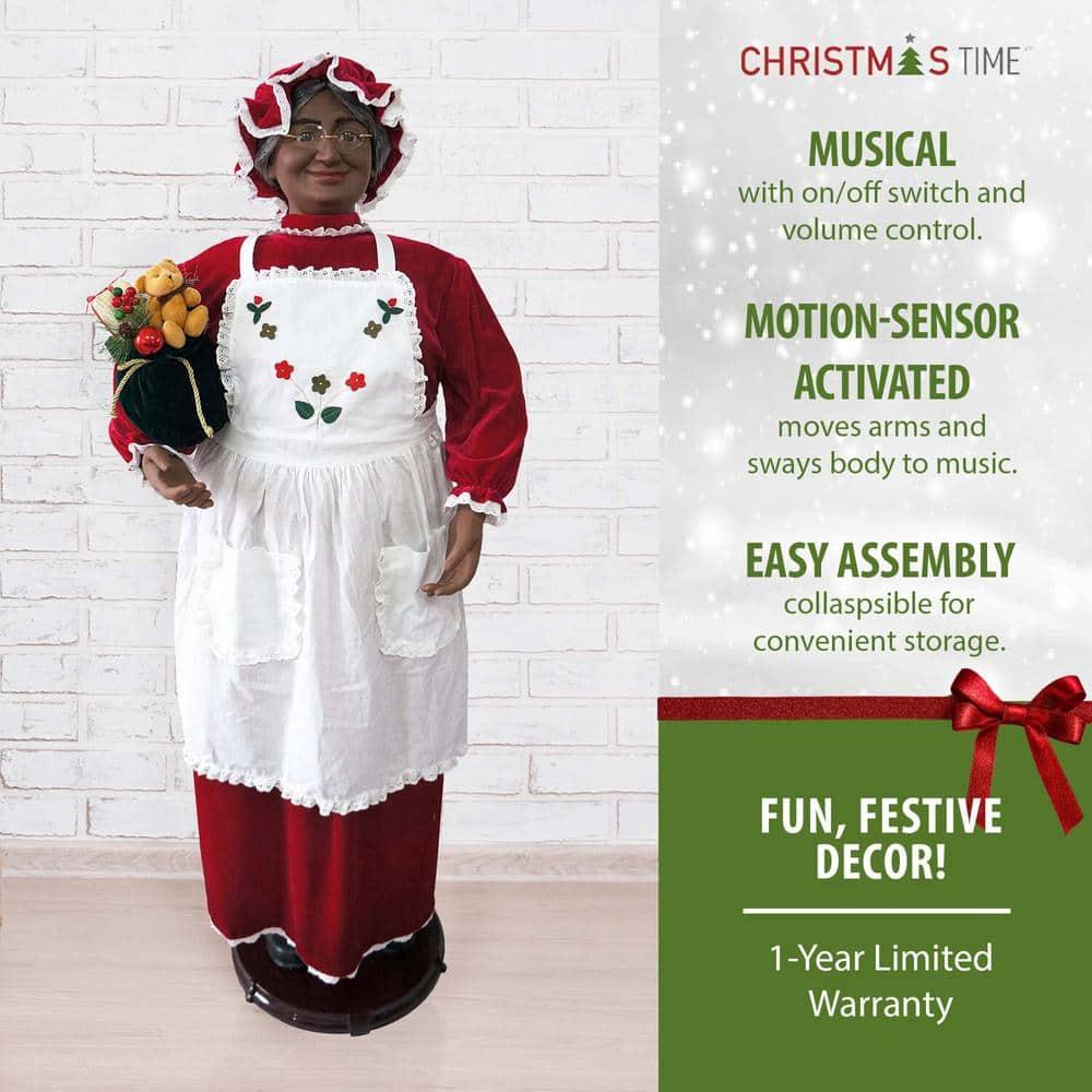 58 in. Christmas African American Dancing Mrs. Claus with Apron and Gift Sack