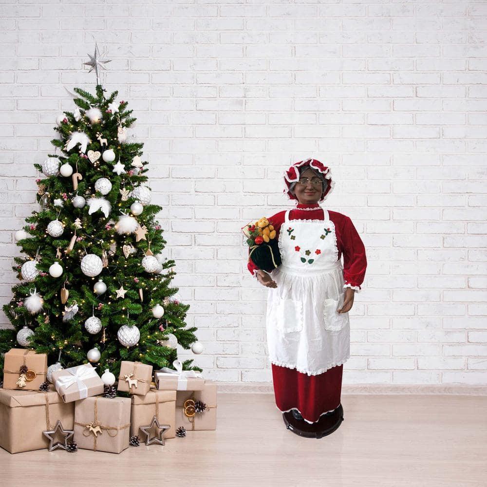 58 in. Christmas African American Dancing Mrs. Claus with Apron and Gift Sack