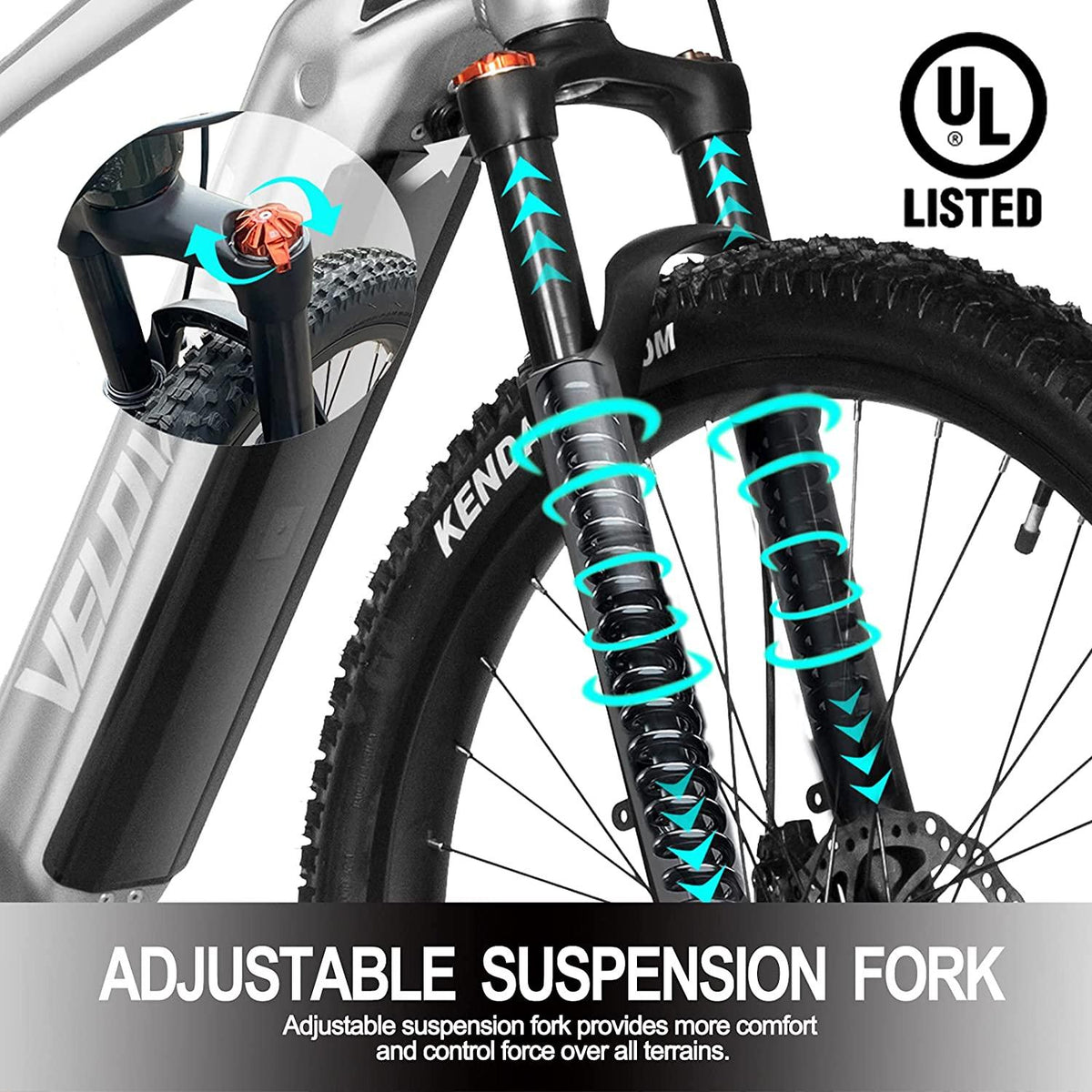 VELOWAVE Electric Bikes for Adults 500W 25MPH,27.5" Electric Mountain Bike with 48V 13Ah Removable IP65 Battery,Adults Ebike with  7-Speed and Adjustable Suspension Fork