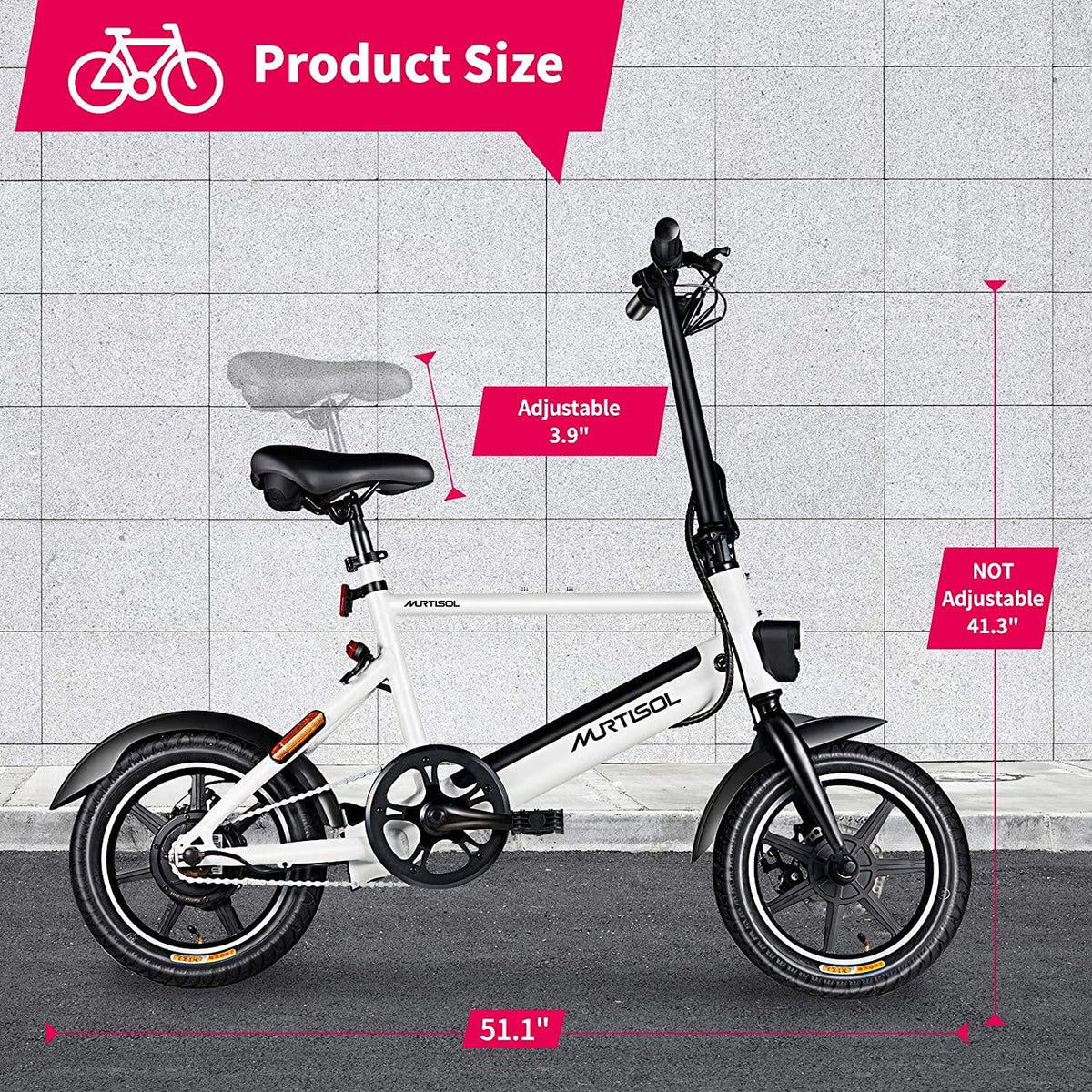 Murtisol 14 In. Folding Aluminum Bike 3 Speed Shift Foldable Handle Lightweight Electric Commuter Removable Large-capacity hidden lithium Battery Pedal Assist Power
