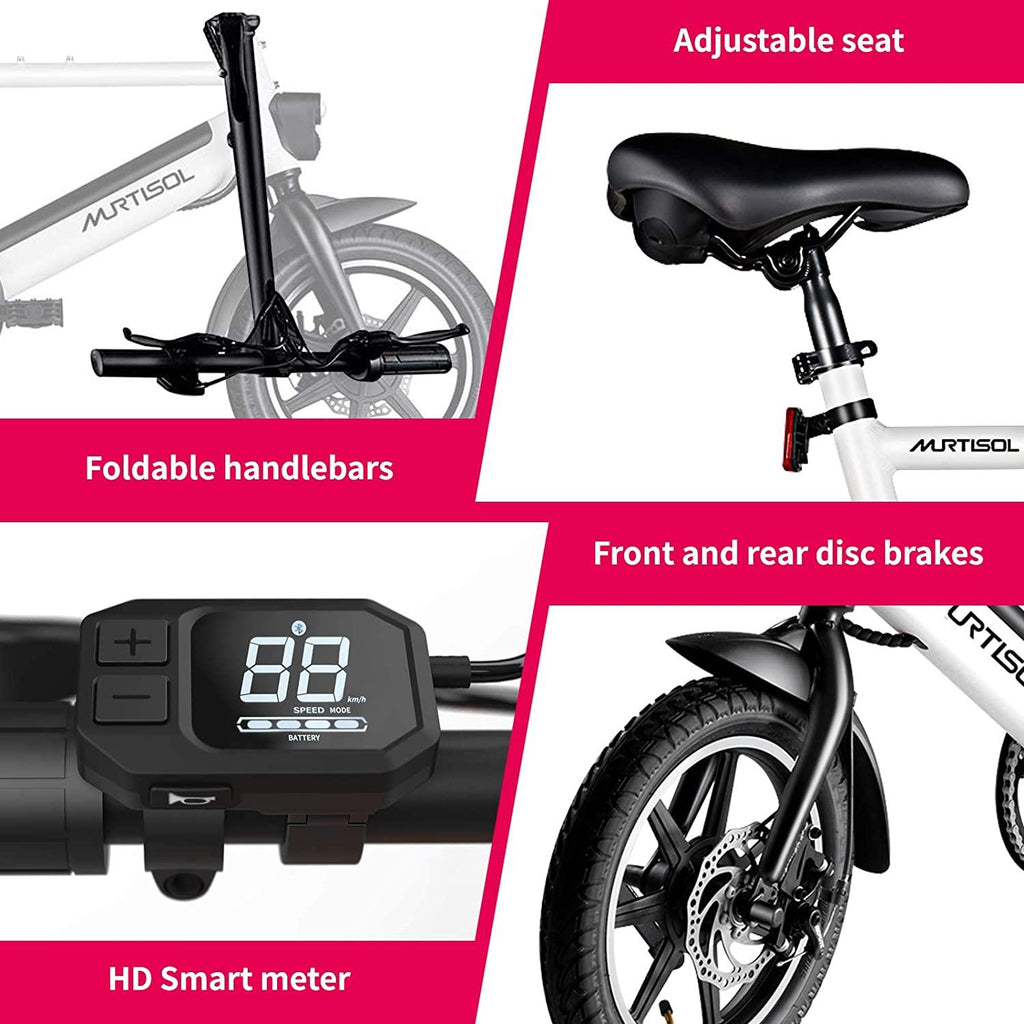Murtisol 14 In. Folding Aluminum Bike 3 Speed Shift Foldable Handle Lightweight Electric Commuter Removable Large-capacity hidden lithium Battery Pedal Assist Power