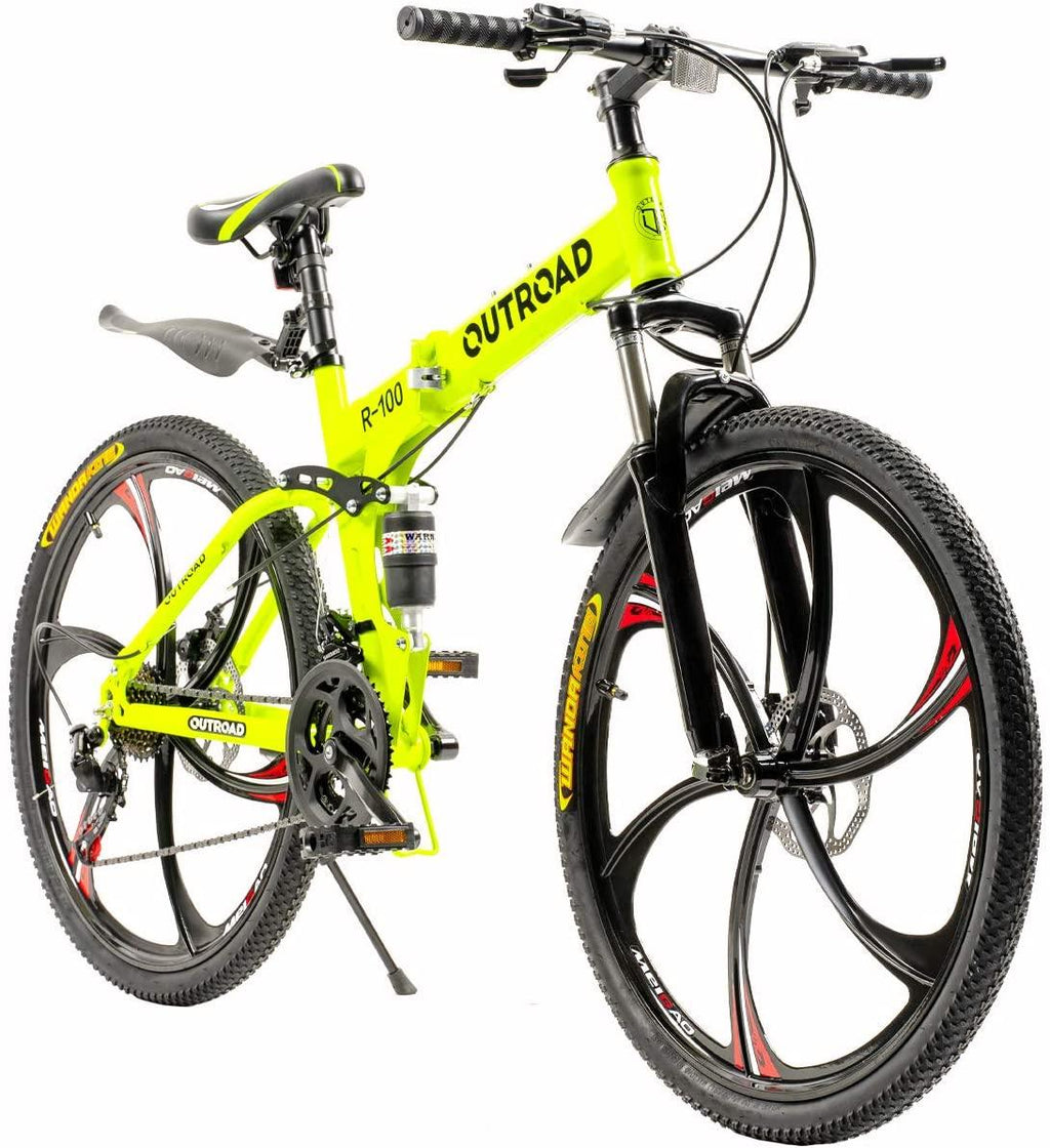 Suncrown Folding Mountain Bike 6 Spoke 21-Speed 26 In. Wheel Double Disc Brake Full Suspension Anti-Slip MTB, Fluorescent Green