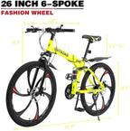 Suncrown Folding Mountain Bike 6 Spoke 21-Speed 26 In. Wheel Double Disc Brake Full Suspension Anti-Slip MTB, Fluorescent Green