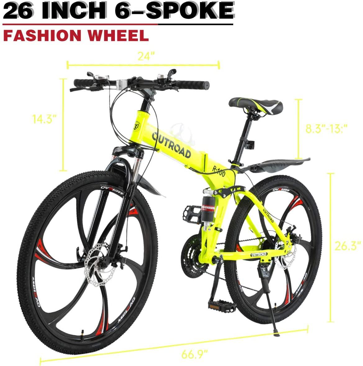 Suncrown Folding Mountain Bike 6 Spoke 21-Speed 26 In. Wheel Double Disc Brake Full Suspension Anti-Slip MTB, Fluorescent Green