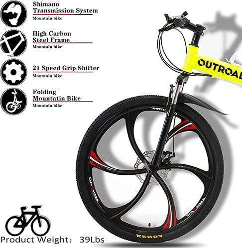 Suncrown Folding Mountain Bike 6 Spoke 21-Speed 26 In. Wheel Double Disc Brake Full Suspension Anti-Slip MTB, Fluorescent Green