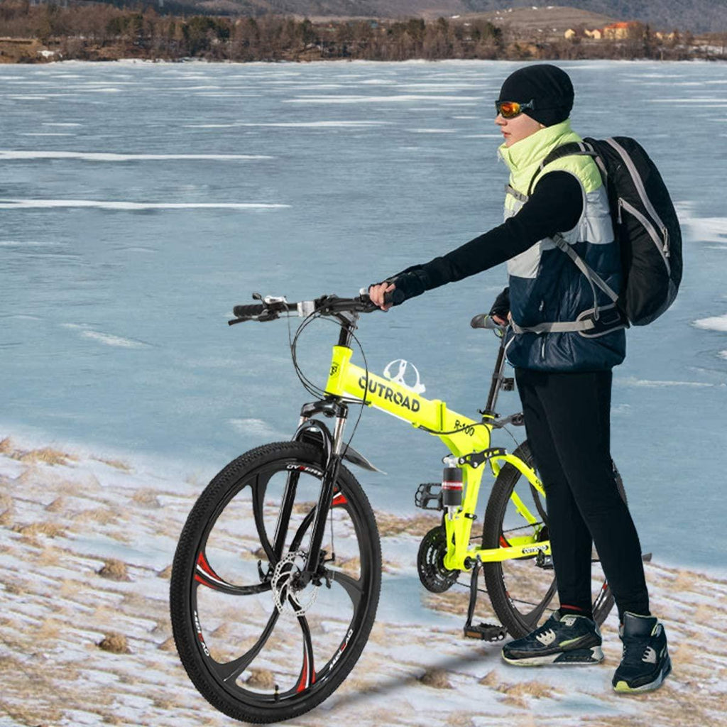 Suncrown Folding Mountain Bike 6 Spoke 21-Speed 26 In. Wheel Double Disc Brake Full Suspension Anti-Slip MTB, Fluorescent Green