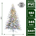 Fraser Hill Farm 6.5-ft. Snowy Christmas Half Tree with Flock, Warm White LED, and Frosted G40 Multicolored Lighting