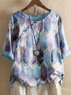 Round Neck Geometric Print Casual Fashion Blouse