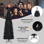 Costway 7ft Pre-lit PVC Christmas Halloween Pencil Tree Black w/ 350 LED Lights