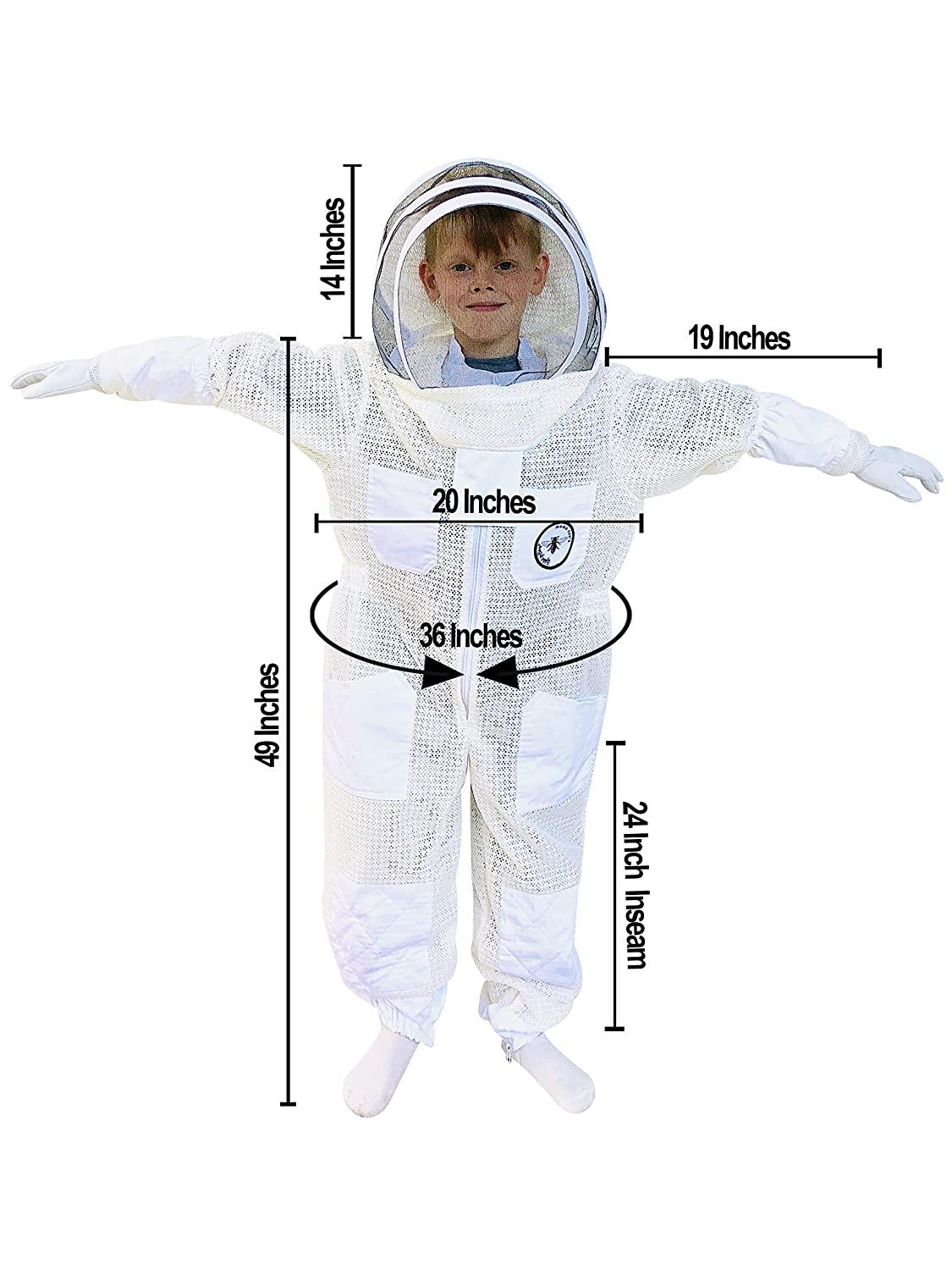 mama bee's homestead supply child's ventilated bee suit &amp; gloves - full body protection, mesh hood, kids bee suit - protective, breathable beekeeper outfit, keeps kids cool - 6 pockets,