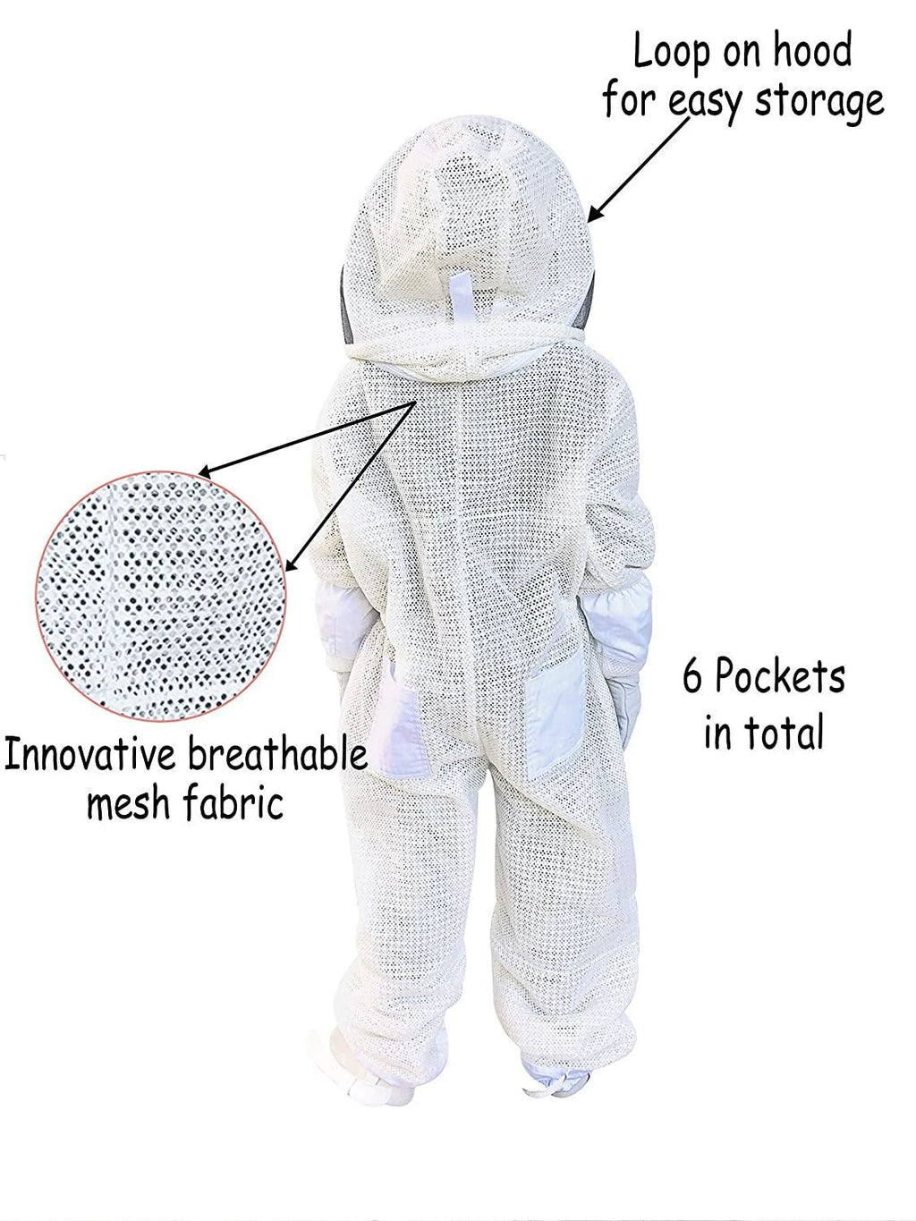 mama bee's homestead supply child's ventilated bee suit &amp; gloves - full body protection, mesh hood, kids bee suit - protective, breathable beekeeper outfit, keeps kids cool - 6 pockets,