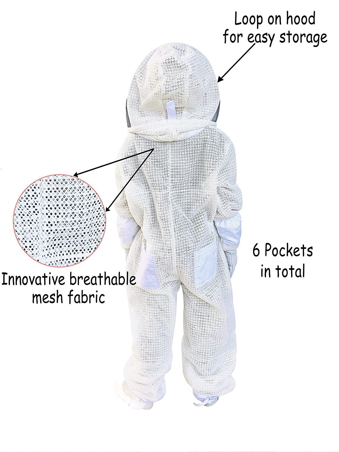 mama bee's homestead supply child's ventilated bee suit &amp; gloves - full body protection, mesh hood, kids bee suit - protective, breathable beekeeper outfit, keeps kids cool - 6 pockets,