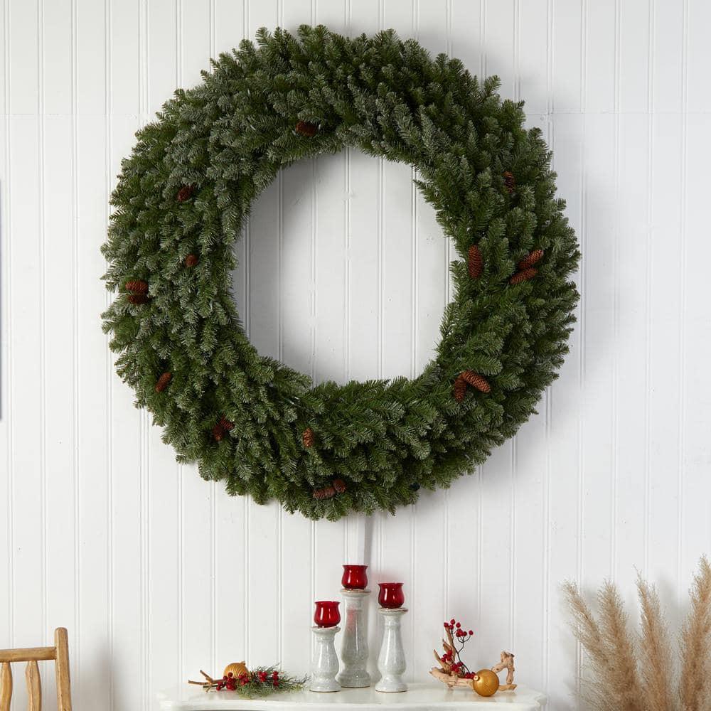 60 in. Prelit LED Flocked Artificial Christmas Wreath with Pinecones, 300 Clear LED Lights