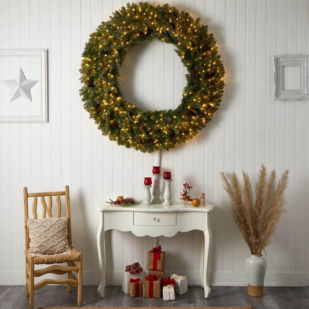 60 in. Prelit LED Flocked Artificial Christmas Wreath with Pinecones, 300 Clear LED Lights