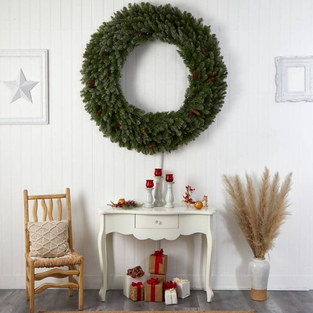 60 in. Prelit LED Flocked Artificial Christmas Wreath with Pinecones, 300 Clear LED Lights