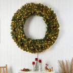 60 in. Prelit LED Flocked Artificial Christmas Wreath with Pinecones, 300 Clear LED Lights