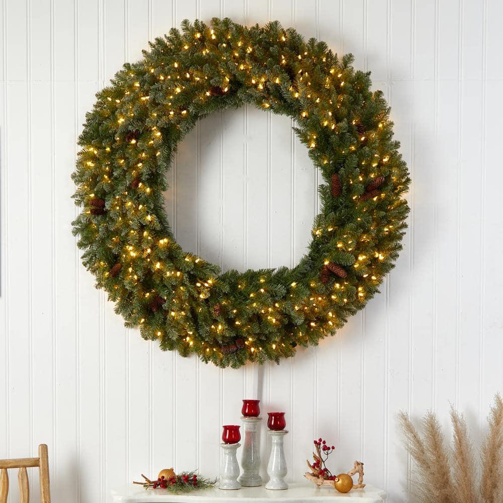 60 in. Prelit LED Flocked Artificial Christmas Wreath with Pinecones, 300 Clear LED Lights