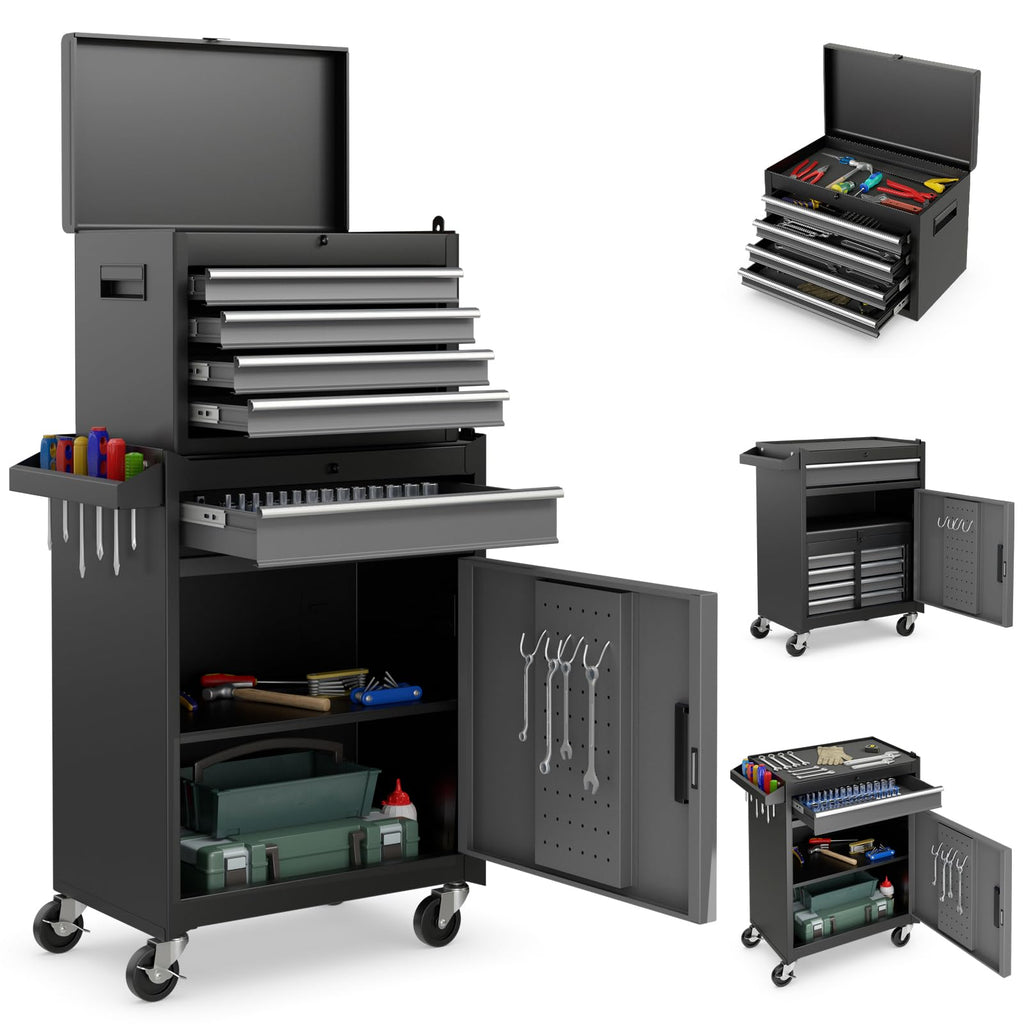 Tool Chest, 5-Drawer Rolling Cabinet with Detachable Top Toolbox, Lockable Wheels, Lock Bar, Protective Liner & Tool Rack, Metal StoraCart for GaraWorkshop