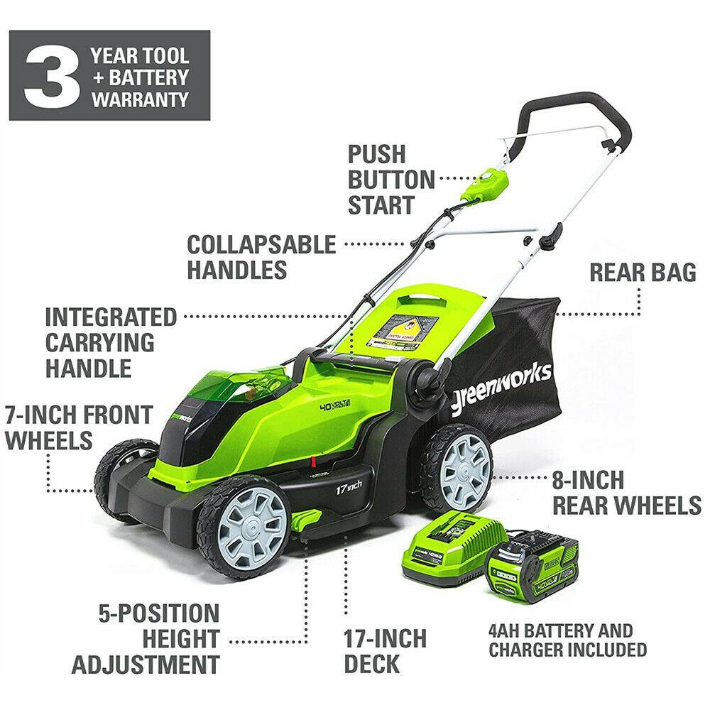 Greenworks 40V MAX 17'' Cordless Lawn Mower with 4Ah Li-ion Battery & Charger US