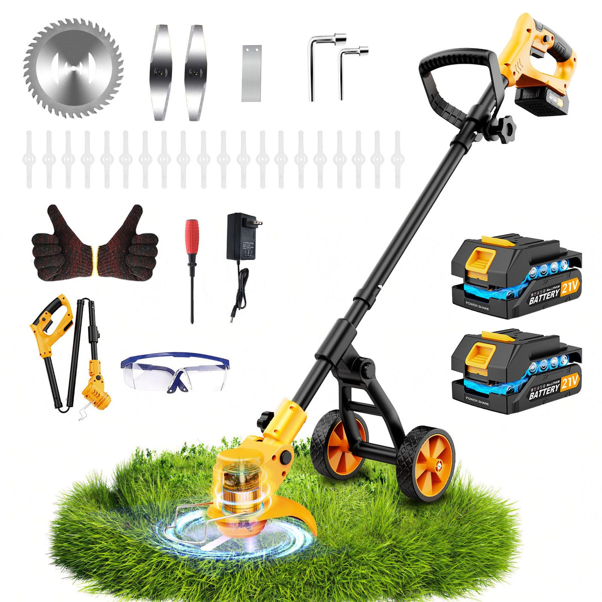 Electric Weed Wacker Cordless Weed Eater Battery Powered 21V, 4-in-1 Brush Cutter/String Trimmer/Grass Trimmer/Lawn Mower, 6 inch Lightweight Edger Stringless Weed Trimmer with Wheel &amp; Blade,2 Battery