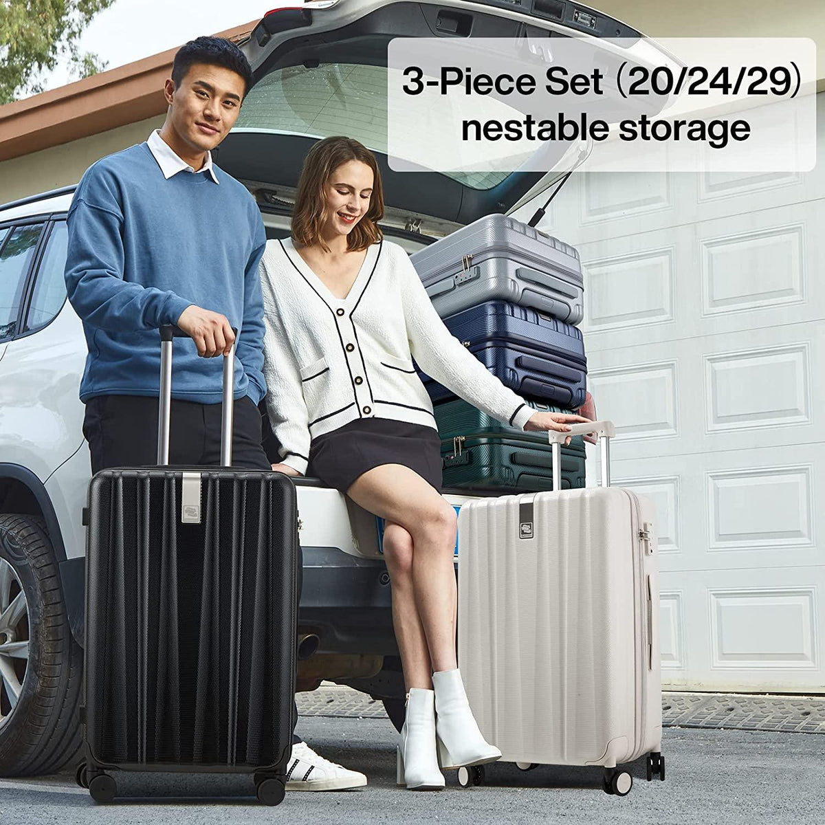 Upgrade luggage sets PC Lightweight Hardshell Suitcases with Spinner Wheels &amp; TSA Lock, Extra Large Rolling Travel Luggage Nestable Storage 3 Piece Set 20/24/29(Black)