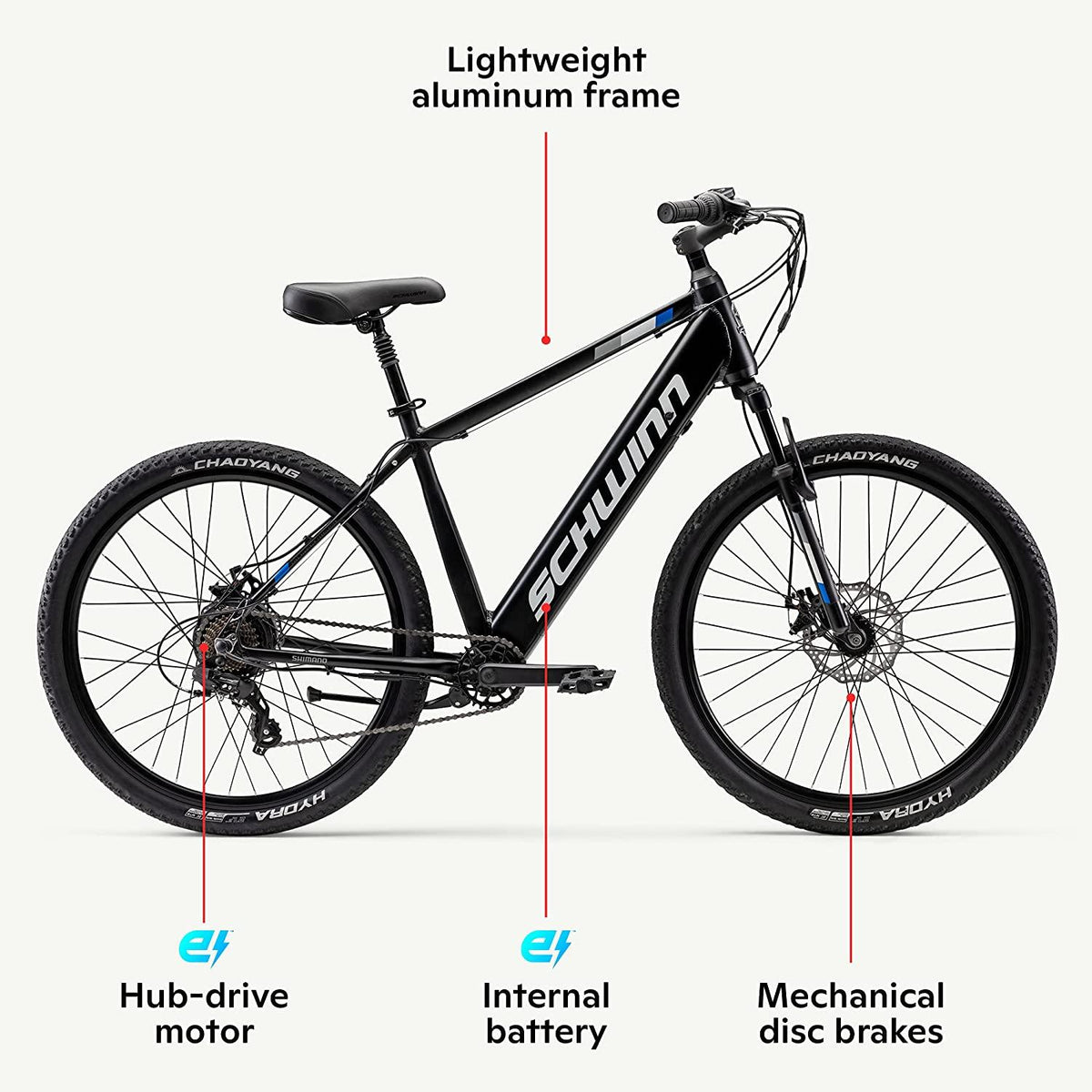 Schwinn Amalgam Adult Electric Bike, 17 or 18.5-Inch Hybrid Aluminum Frame, 7 Speed, 27.5-Inch Wheels, 375Wh Battery, Multiple Colors