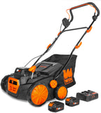 20V Max Cordless 15-Inch 2-in-1 Brushless Electric Dethatcher and Scarifier with Collection Bag, Two 4.0 Ah Batteries, and Dual-Port Charger (20716)