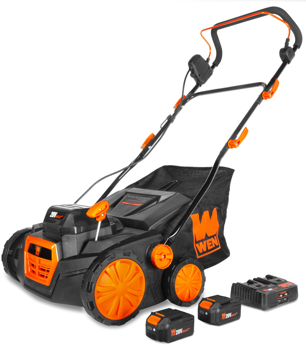 20V Max Cordless 15-Inch 2-in-1 Brushless Electric Dethatcher and Scarifier with Collection Bag, Two 4.0 Ah Batteries, and Dual-Port Charger (20716)