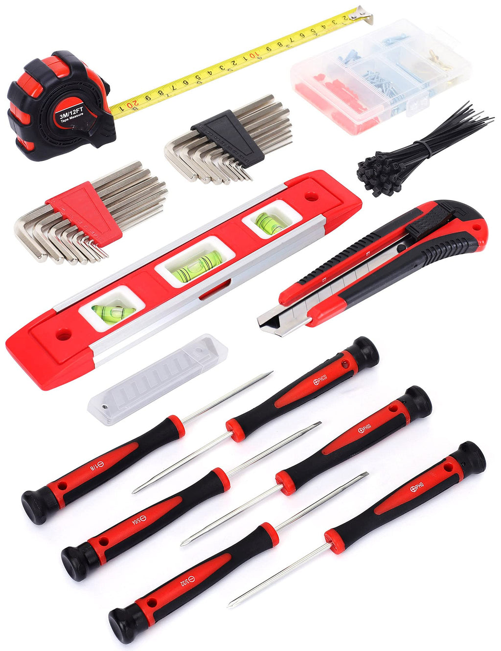 215-Piece Home Repairing Tool Set with 12-Inch Wide Mouth Open StoraBag, Household Hand Tool Kit,Red