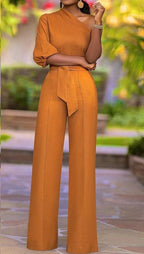 Women's Oblique Shoulder Design High-waist Straight-leg Jumpsuit