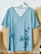 Womens Floral Print V-neck Short-sleeved Shirt